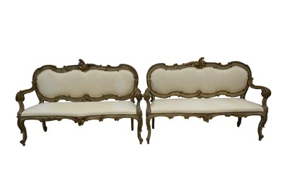 Lot 1409 - Pair of 18th / 19th century French carved painted and giltwood framed sofas