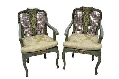 Lot 1405 - Pair of 18th / 19th century French provincial green painted and bergère elbow chairs