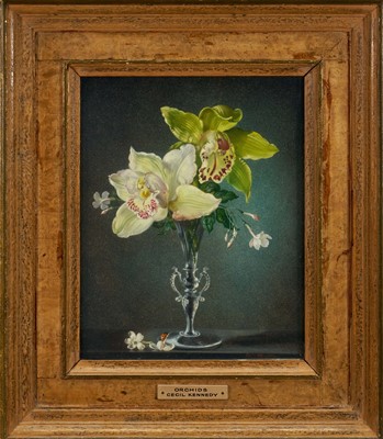 Lot 1000 - *Cecil Kennedy (1905-1997) oil on canvas - Still Life Orchids, signed, 26cm x 20.5cm, in glazed burr veneer frame