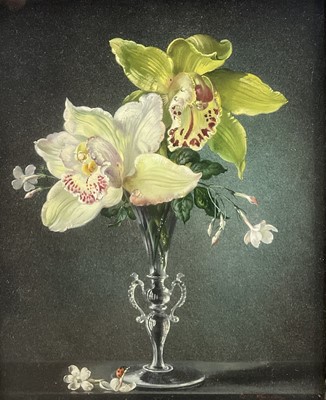Lot 1000 - *Cecil Kennedy (1905-1997) oil on canvas - Still Life Orchids, signed, 26cm x 20.5cm, in glazed burr veneer frame