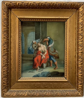 Lot 1012 - Continental School, 18th / 19th century, painting on glass depicting the Flagellation of Christ, 24cm x 19cm, in gilt frame