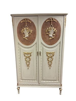 Lot 1423 - 19th century French green painted and carved giltwood armoire with bergère panels