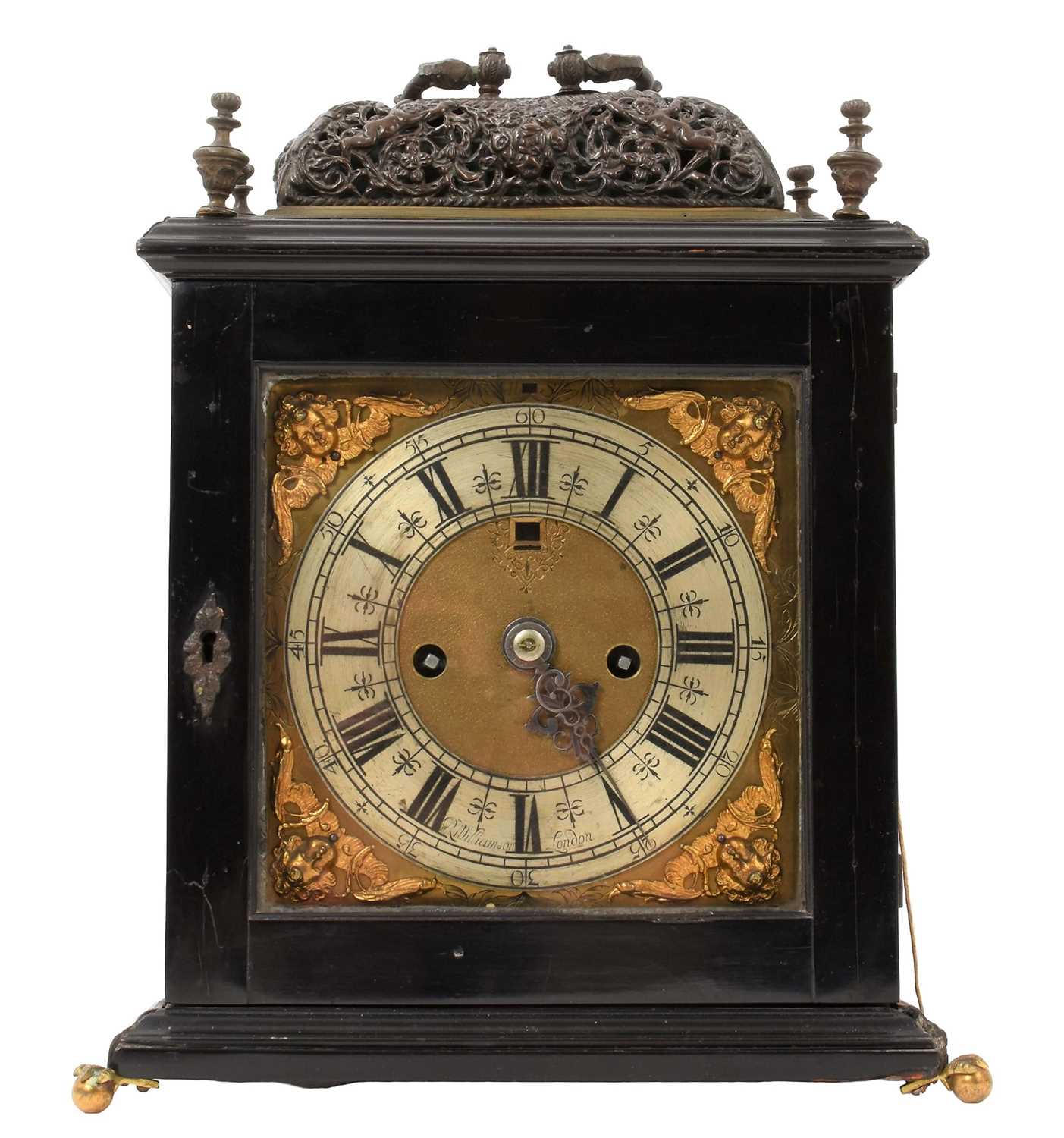 Lot 642 - Georgian bracket clock by R Williams, London with engraved back plate together with pierced brass caddy top. Pendulum and two winding keys present