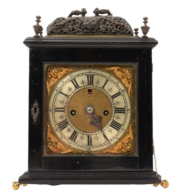 Lot 642 - Georgian bracket clock by R Williams, London with engraved back plate together with pierced brass caddy top. Pendulum and two winding keys present