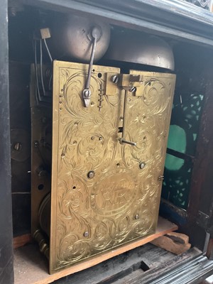 Lot 642 - Georgian bracket clock by R Williams, London with engraved back plate together with pierced brass caddy top. Pendulum and two winding keys present