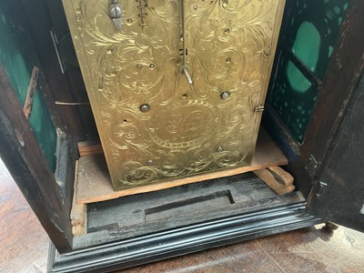 Lot 642 - Georgian bracket clock by R Williams, London with engraved back plate together with pierced brass caddy top. Pendulum and two winding keys present