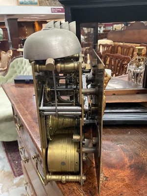 Lot 642 - Georgian bracket clock by R Williams, London with engraved back plate together with pierced brass caddy top. Pendulum and two winding keys present