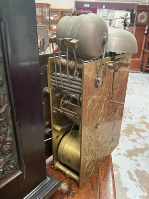 Lot 642 - Georgian bracket clock by R Williams, London with engraved back plate together with pierced brass caddy top. Pendulum and two winding keys present