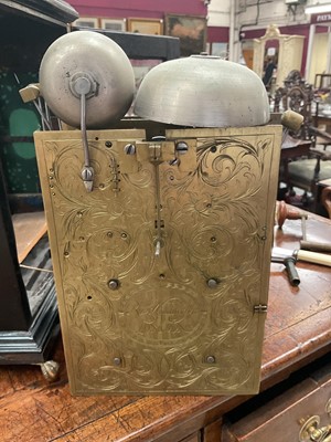 Lot 642 - Georgian bracket clock by R Williams, London with engraved back plate together with pierced brass caddy top. Pendulum and two winding keys present