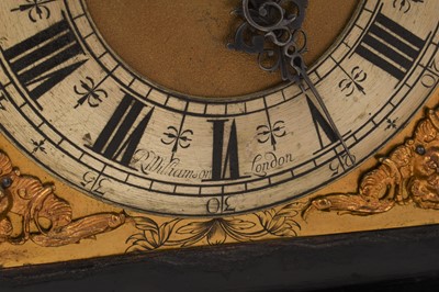Lot 642 - Georgian bracket clock by R Williams, London with engraved back plate together with pierced brass caddy top. Pendulum and two winding keys present