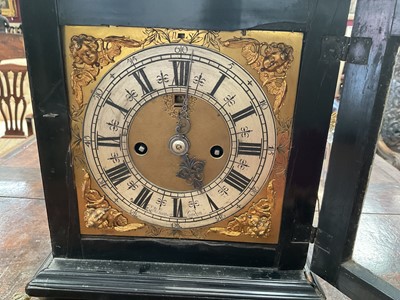 Lot 642 - Georgian bracket clock by R Williams, London with engraved back plate together with pierced brass caddy top. Pendulum and two winding keys present