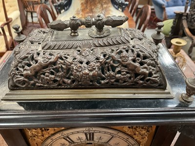 Lot 642 - Georgian bracket clock by R Williams, London with engraved back plate together with pierced brass caddy top. Pendulum and two winding keys present