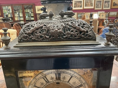 Lot 642 - Georgian bracket clock by R Williams, London with engraved back plate together with pierced brass caddy top. Pendulum and two winding keys present