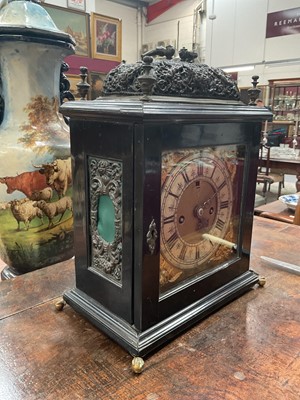 Lot 642 - Georgian bracket clock by R Williams, London with engraved back plate together with pierced brass caddy top. Pendulum and two winding keys present