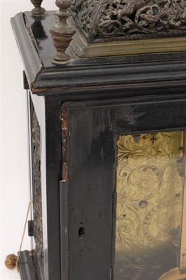 Lot 642 - Georgian bracket clock by R Williams, London with engraved back plate together with pierced brass caddy top. Pendulum and two winding keys present