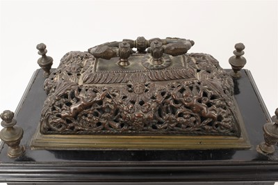 Lot 642 - Georgian bracket clock by R Williams, London with engraved back plate together with pierced brass caddy top. Pendulum and two winding keys present