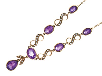 Lot Edwardian style gold amethyst and seed pearl necklace