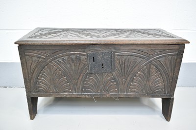 Lot 1401 - 17th century and later carved oak six plank coffer of small size