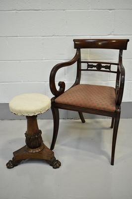 Lot 1424 - Regency mahogany elbow chair and a Regency rosewood piano stool (2)