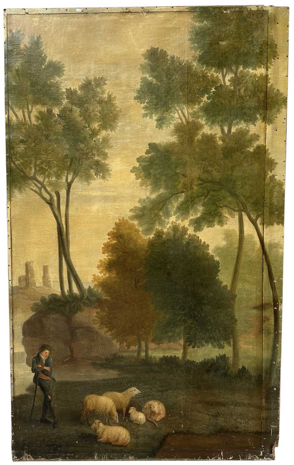 Lot 1140 - Large 19th century oil on canvas, on later stretcher, Shepherd with his flock in a pastoral landscape, 220cm x 134cm unframed