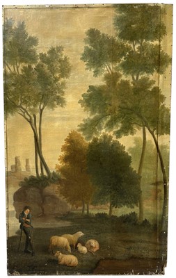 Lot 1140 - Large 19th century oil on canvas, on later stretcher, Shepherd with his flock in a pastoral landscape, 220cm x 134cm unframed