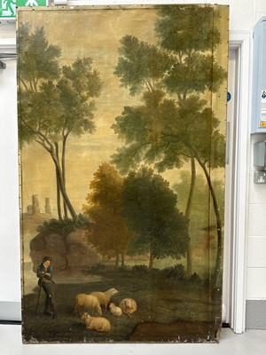 Lot 1140 - Large 19th century oil on canvas, on later stretcher, Shepherd with his flock in a pastoral landscape, 220cm x 134cm unframed