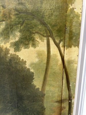 Lot 1140 - Large 19th century oil on canvas, on later stretcher, Shepherd with his flock in a pastoral landscape, 220cm x 134cm unframed
