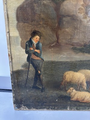 Lot 1140 - Large 19th century oil on canvas, on later stretcher, Shepherd with his flock in a pastoral landscape, 220cm x 134cm unframed