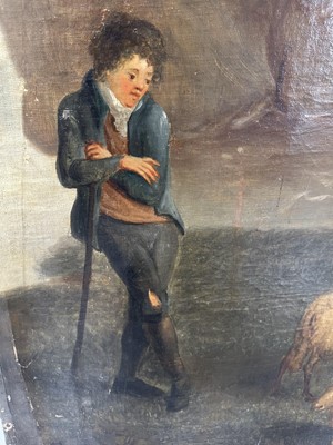 Lot 1140 - Large 19th century oil on canvas, on later stretcher, Shepherd with his flock in a pastoral landscape, 220cm x 134cm unframed