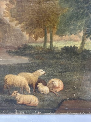 Lot 1140 - Large 19th century oil on canvas, on later stretcher, Shepherd with his flock in a pastoral landscape, 220cm x 134cm unframed