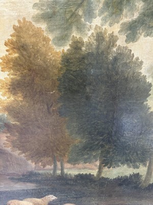 Lot 1140 - Large 19th century oil on canvas, on later stretcher, Shepherd with his flock in a pastoral landscape, 220cm x 134cm unframed