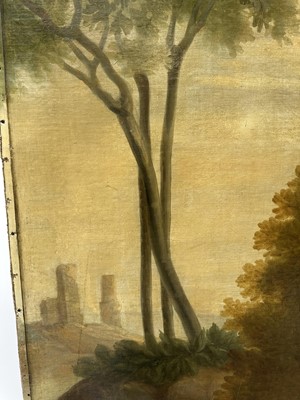 Lot 1140 - Large 19th century oil on canvas, on later stretcher, Shepherd with his flock in a pastoral landscape, 220cm x 134cm unframed