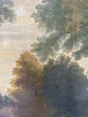 Lot 1140 - Large 19th century oil on canvas, on later stretcher, Shepherd with his flock in a pastoral landscape, 220cm x 134cm unframed