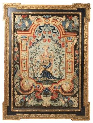 Lot 791 - Antique petitpoint and needlework panel in giltwood and ebonized frame
