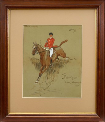 Lot 992 - *Snaffles, Charles Johnson Payne (1884-1967) pencil and watercolour - sporting Caricatures, The "Sojer Officer", "A nasty steeplechasing beggar", signed and inscribed, 31.5cm x 25cm, in glazed fr...