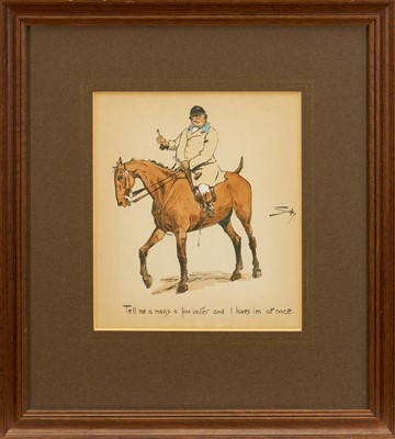 Lot 993 - *Snaffles, Charles Johnson Payne (1884-1967) hand coloured print - 'Tell me a man's a fox 'unter and I loves im at once', 24.5cm x 21cm, in glazed frame. Provenance: Bonham's 25th November...