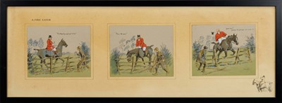 Lot 995 - *Snaffles, Charles Johnson Payne (1884-1967) signed hand coloured print - A Fire Eater, with snaffle blindstamp, three images framed as one, 31cm x 83.5cm overall. Provenance: Berkeley St...