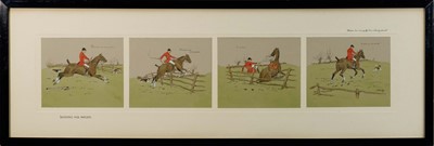 Lot 997 - *Snaffles, Charles Johnson Payne (1884-1967) hand coloured print - Landing His Wager, four images framed as one, published 1918 by Messrs Fores, 32cm x 93cm, in glazed frame