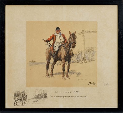 Lot 996 - *Snaffles, Charles Johnson Payne (1884-1967) signed hand coloured print - John Jorrocks Esq. M.F.H., with snaffle blindstamp, 38cm x 41.5cm, in glazed frame