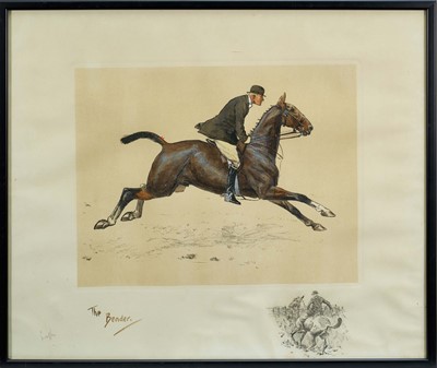 Lot 991 - *Snaffles, Charles Johnson Payne (1884-1967) signed hand coloured print - The Bender, with snaffle blindstamp, 40cm x 47.5cm, in glazed frame