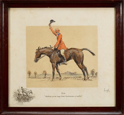 Lot 990 - *Snaffles, Charles Johnson Payne (1884-1967) signed hand coloured print - Jim, "Whatever ye de keep t'owd tamboureen a rowlin", with snaffle blindstamp, 39cm x 42cm, in glazed frame