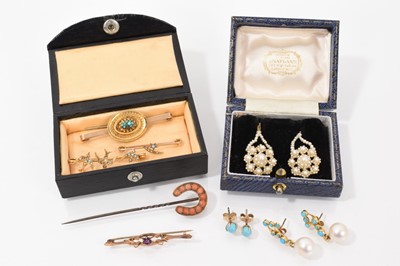 Lot 617 - Pair of antique seed pearl pendant earrings, a pair of gold, turquoise and cultured pearl drop earrings, pair of 9ct gold turquoise stud earrings