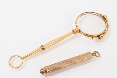 Lot 619 - 9ct gold cased propelling pencil by S. Mordan & Co., together with a pair of antique yellow metal lorgnettes (2)