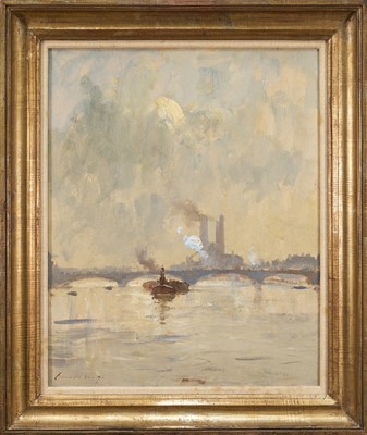 Lot *Edward Brian Seago (1910-1974) oil on board - Battersea Bridge, signed, 50.5cm x 40.5cm, labels verso, in gilt frame. Provenance