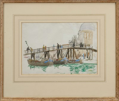 Lot 1002 - James Kerr-Lawson (1864-1939) watercolour - A Venetian Bridge, initialled, indistinctly inscribed verso, 20cm x 29cm, in glazed frame