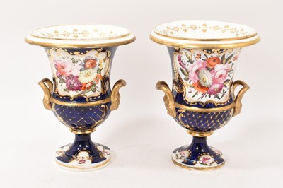 Lot 101 - Large pair of early 19th century English porcelain campagna shape urns/vases, possibly Coalport