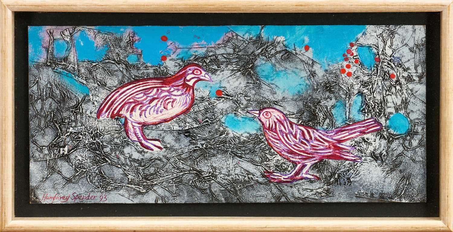 Lot 1001 - *Humphrey Spender (1910-2005) oil on card - Birds in Frost, 1993, signed and dated, 18cm x 41.5cm, in glazed frame