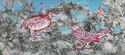 Lot 1001 - *Humphrey Spender (1910-2005) oil on card - Birds in Frost, 1993, signed and dated, 18cm x 41.5cm, in glazed frame