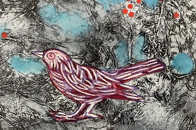 Lot 1001 - *Humphrey Spender (1910-2005) oil on card - Birds in Frost, 1993, signed and dated, 18cm x 41.5cm, in glazed frame