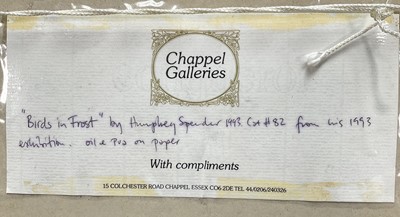 Lot 1001 - *Humphrey Spender (1910-2005) oil on card - Birds in Frost, 1993, signed and dated, 18cm x 41.5cm, in glazed frame